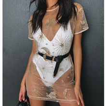 Женское летнее пляжное платье, свободное, с принтом звезды и Луны, с блестками, бикини, накидка, сексуальное, Сетчатое, прозрачное, с коротким рукавом, мини платье, vestido