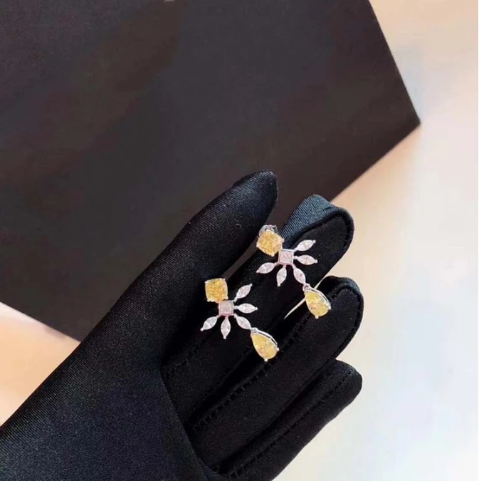 

Hot 925 Silver Needle Leaf Yellow Cubic Zirconia Fashion Long Earrings Wedding Commemorative Photo Earrings Jewelry