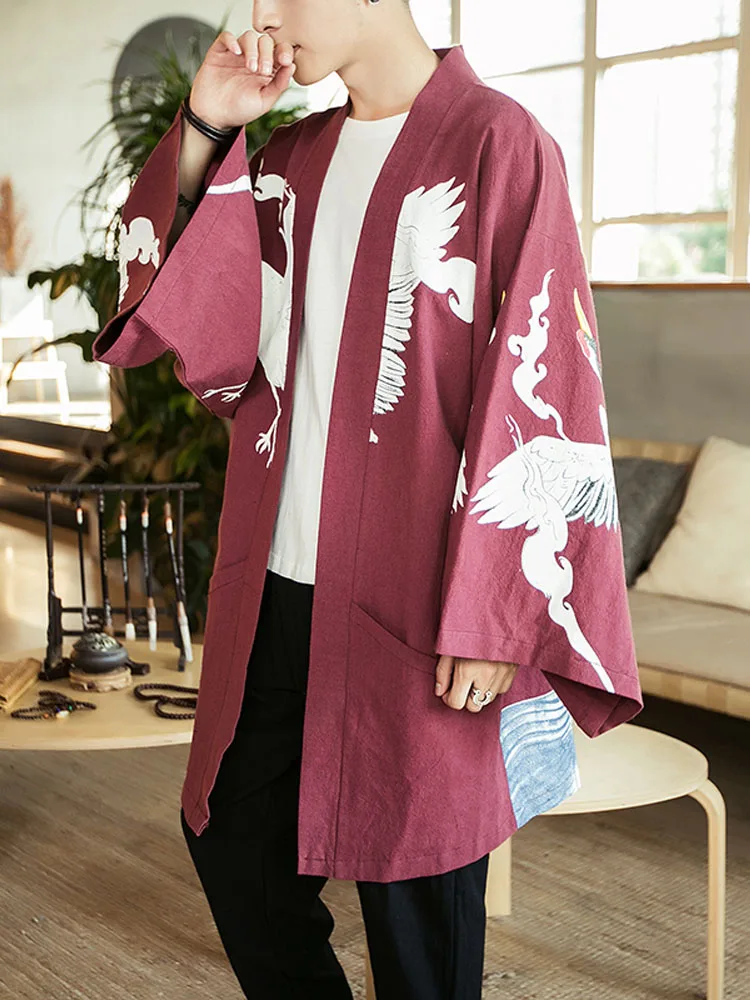 Любители Одежда для мужчин Кимоно Стиль тренчи для женщин длинный кардиган куртка мужской моды повседневное свободные кран печати Паро