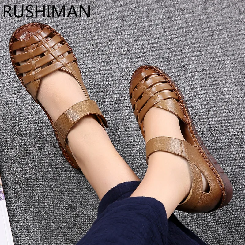 

RUSHIMAN new leather cave shoes soft soles comfortable old age breathable Baotou sandals hollowed-out mother shoes