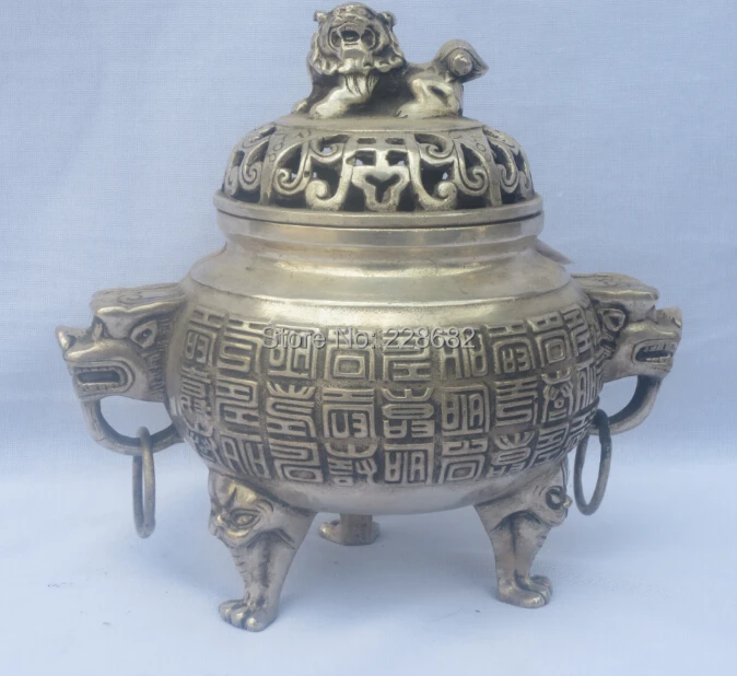 

Metal Crafts Antique Antiques Old Handwork Tibet Silver Carved Lion Lid Incense Burner/Statue Free shipping