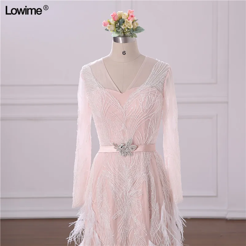 2018 New Custom Made A-line Evening Dresses Gown Long Sleeves Beading Feather Court Train Prom Dress Long (3)