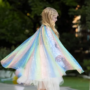 

Rainbow Color Girls Cape Halloween Sequin Bling Bling Trench Coat Fashion Pom Pom Party Cloak Clothing Accesories