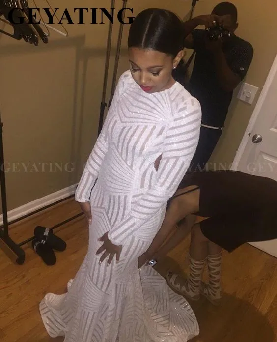 

2019 Sexy Open Back Mermaid White Sequin Black Girls Prom Dress Long Sleeves O-Neck Plus Size Women African Formal Evening Dress