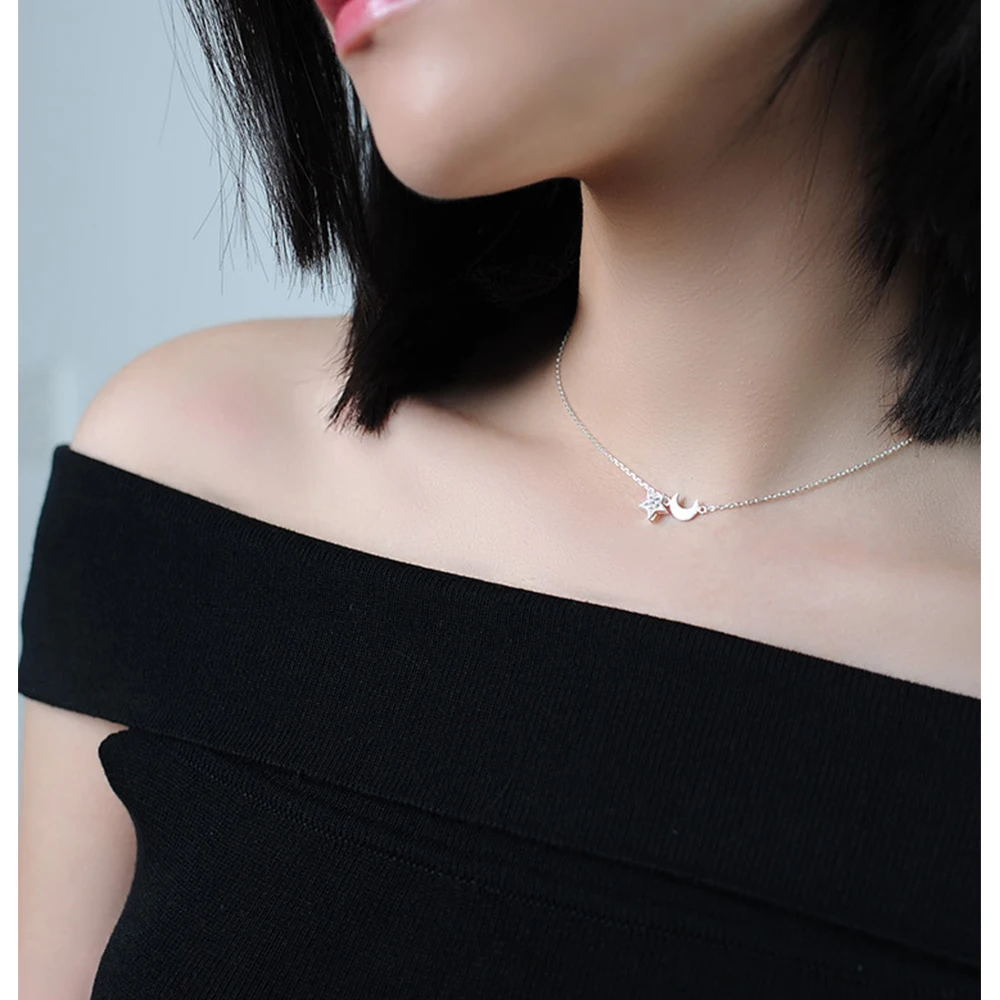 

Korea 925 silver necklace women style small fresh star moon modelling collarbone chain joker student pendant
