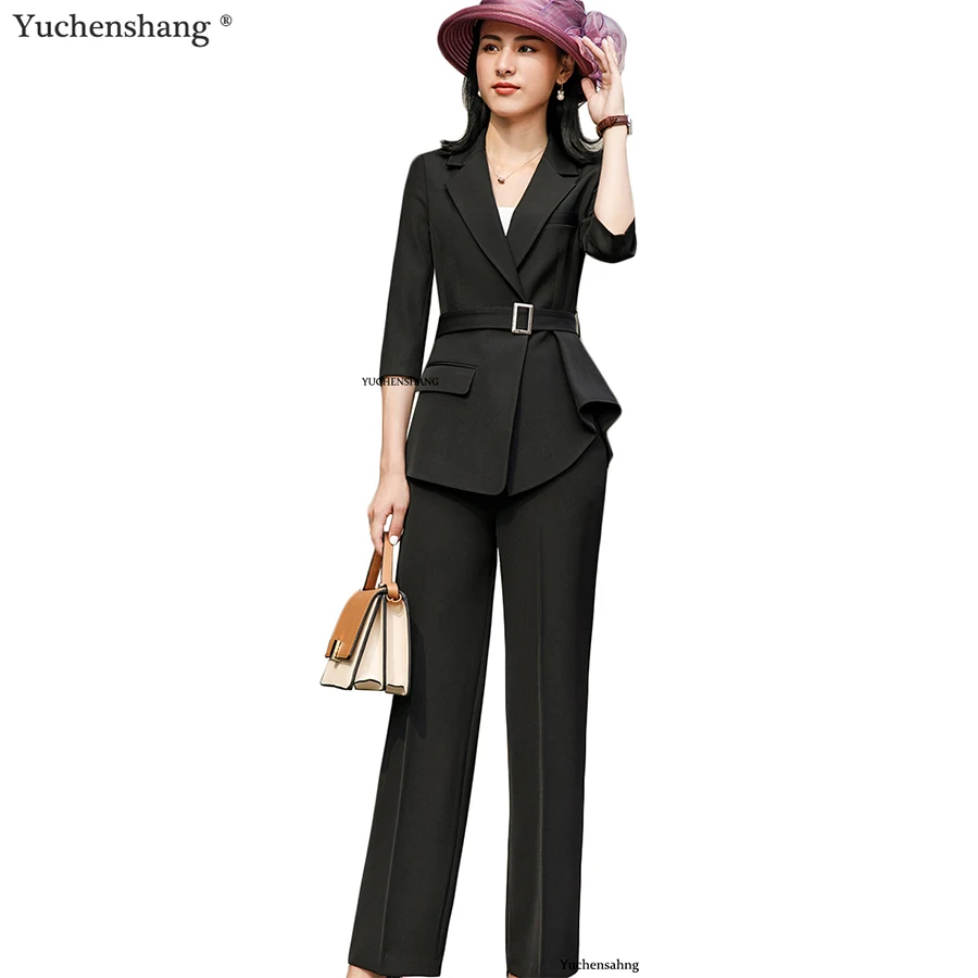 Женский элегантный черный белый брючный костюм с поясом Модный деловой длинный рукав симметричный блейзер с брюками рабочие костюмы 4XL