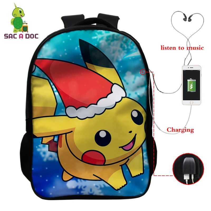 

16Inch Teenage Backpacks Cartoon Anime School Bags Primary Mochila bag Pokemon Children Backpack for Boys Teen Usb Charging Bags
