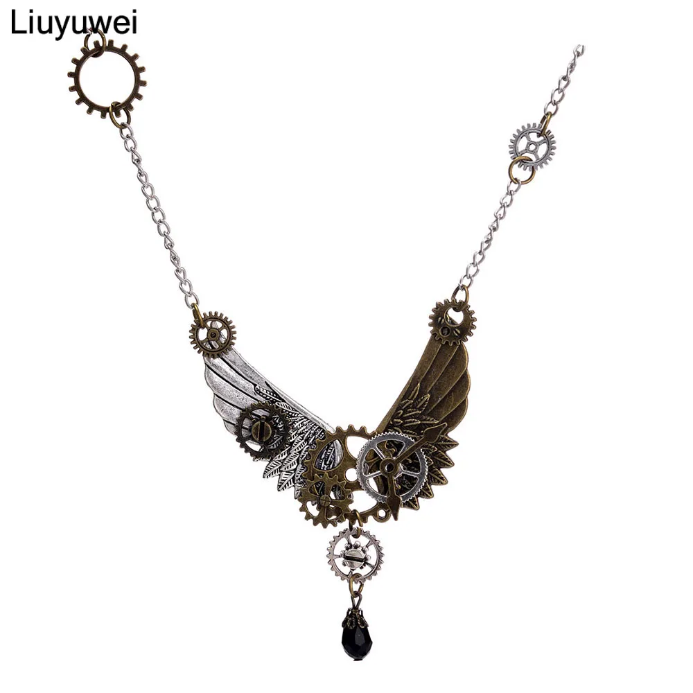 

Liuyuwei Vintage Punk Angel Wings Gear Statement Necklaces Pendants Retro Chain Necklace Women Steampunk Jewelry YWKX7186