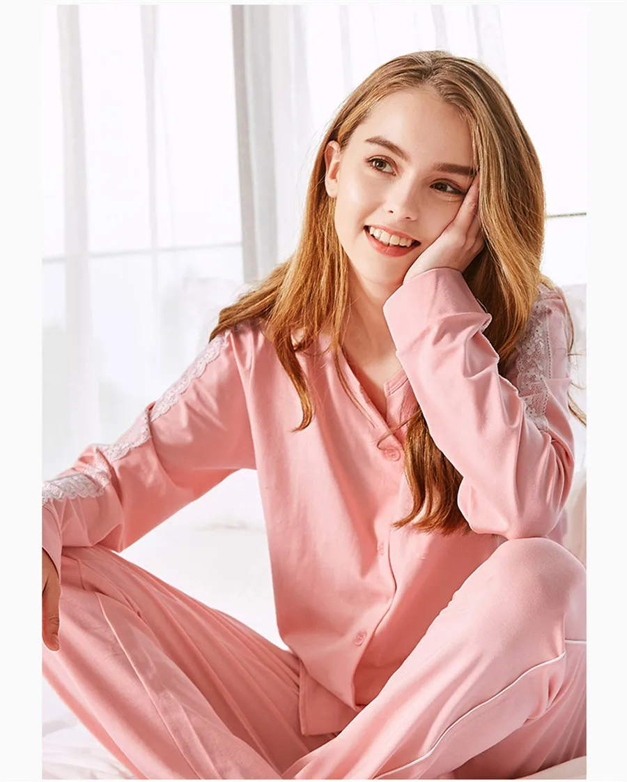 Новинка 2018 года Qianxiu для женщин пижамный комплект сладкий кружево Сращивание Кардиган пижамы хлопок повседневное эластичность ж