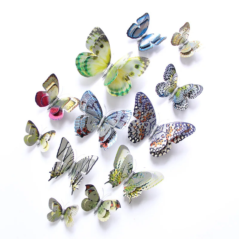 

New 12pcs/set Gold Silver Laser Double Layer Wings Butterfly Magnet Fridge Stickers Butterflies Wall Stickers DIY Home Decor