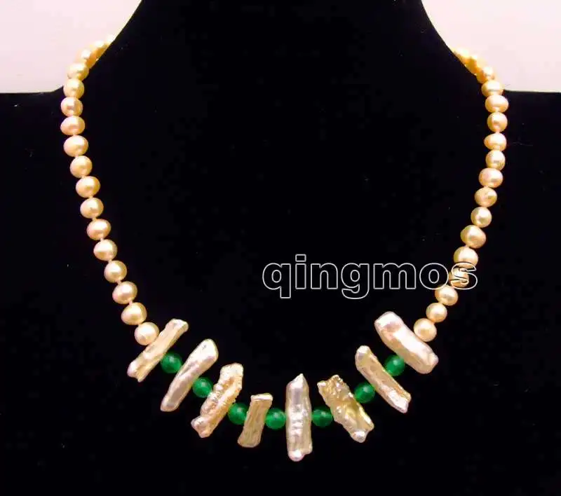 

6-7mm Pink round Natural pearl and 15-25mm Biwa Pearl & 6mm Green beads 17'' Necklace-nec6171 Wholesale/retail Free shipping