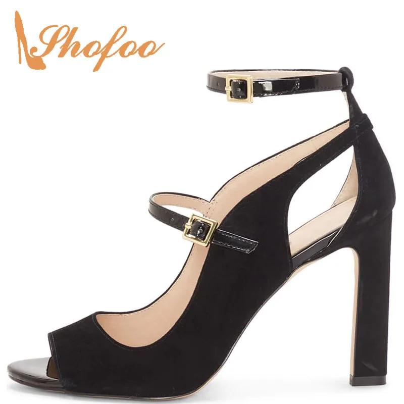 

Summer Shofoo Women Lady Solid Black Flock Pumps Buckle Strap Peep Toe Super High Square Thick Heels Office&Career Mature Adult