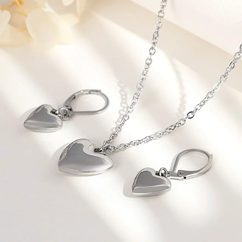 Cute Heart Stainless Steel Bridal Jewelry Sets Necklace Drop Earrings Accessories Set For Women Wedding Gift