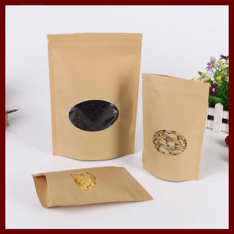 

100pcs/lot Brown kraft paper bag with round window stand up Zipper/zip lock Jewelry packaging bag paper bags for gifts/tea bags