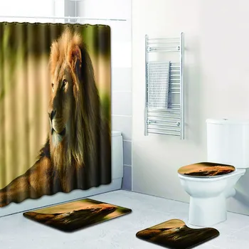 

Toilet cover lion pattern shower curtain toilet seat 4 piece set non-slip toilet polyester cover pad set L0410