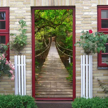 

Forest Wall Mural Art Green Tree Drawbridge Wallpaper 3D Door Sticker Living Room Bedroom Self-Adhesive Waterproof Home Decals