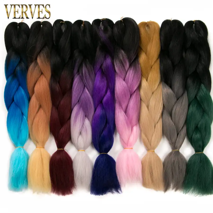 VERVES, Омбре, плетение волос, 100 г/шт., 24 дюйма, 1 шт., синтетический, три, два тона, тепловое волокно, вязанное крючком, огромные косы, наращивание волос - изображение