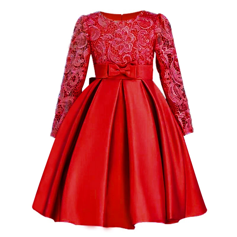 

ChristmasGirls Dresses Long sleeve Bud silk bowknot Clothes Wedding Party Dress For Girl Children's Princess Dresses