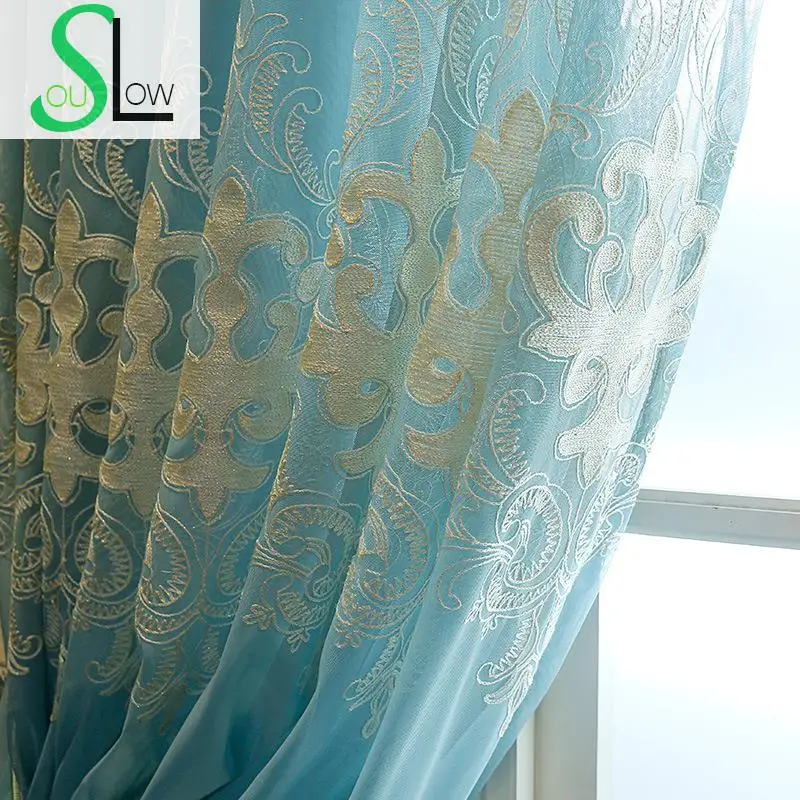 

[Slow Soul] 2016 New Silk Milk Chain Korean Garden Living Room Blue White Yellow Tulle Curtains Luxury Embroidered For Modern