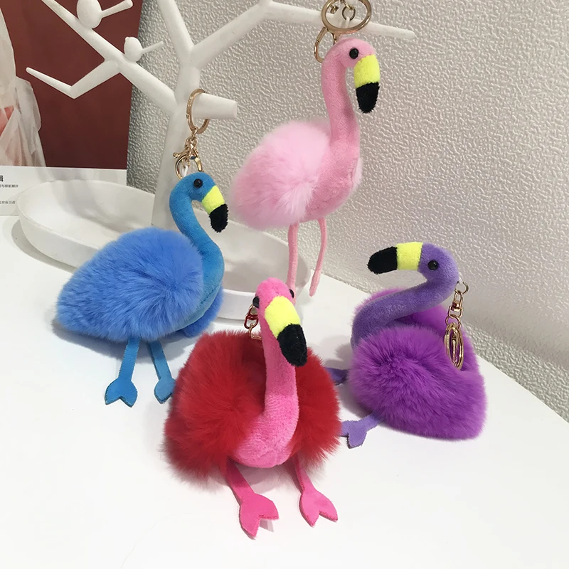 

Glaforny 2018 New Ins Style Rex Rabbit Fur Pendant Flamingos Fur Car Key Chain girl-bag Pendant Real Rabbit Fur Flamingo Chain