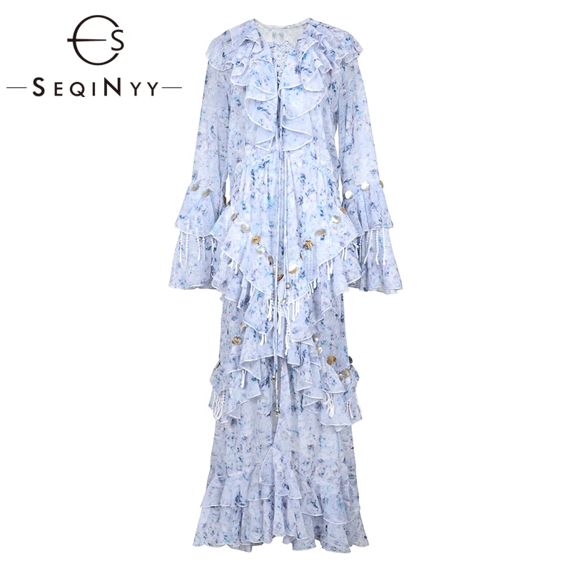 

SEQINYY Elegant Long Dress 2019 Summer Spring New Fashion Design Long Flare Sleeve Light Blue Ink Flowers Printed Ruffles Dress