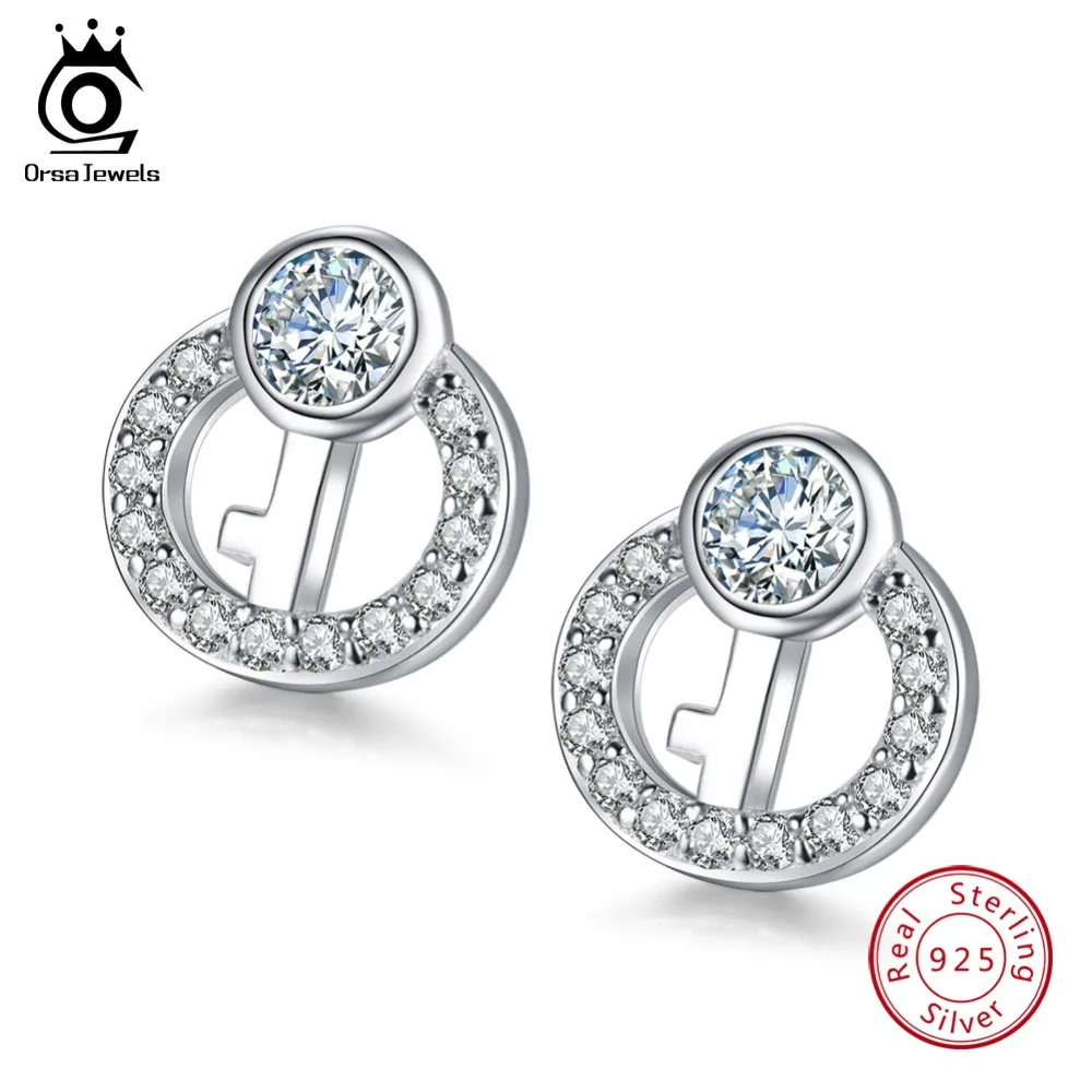 

ORSA JEWELS 925 Sterling Silver Round Women Earrings Key Design AAA Zircon 10.5mm Small Stud Earring Fine Silver Jewelry OSE09