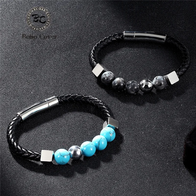 

Bobo Cover 2018 New Fashion 8mm Genuine Leather Titanium Steel Buckle Natural Stone Charm bracelets & bangles Men Couple Jewelry