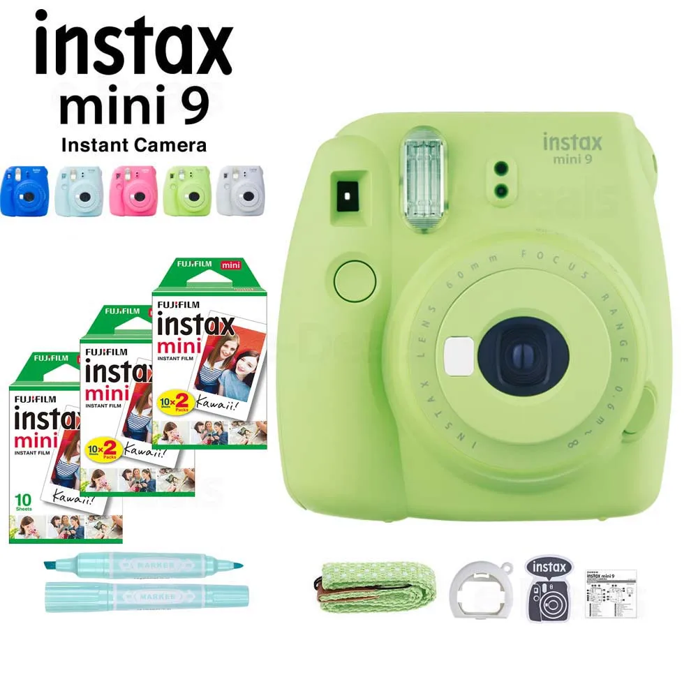 5 цветов Fujifilm Instax Mini 9 мгновенная камера+ 50 листов Fuji Instax Мини пленка белая фотобумага+ маркер+ объектив крупным планом+ ремешок