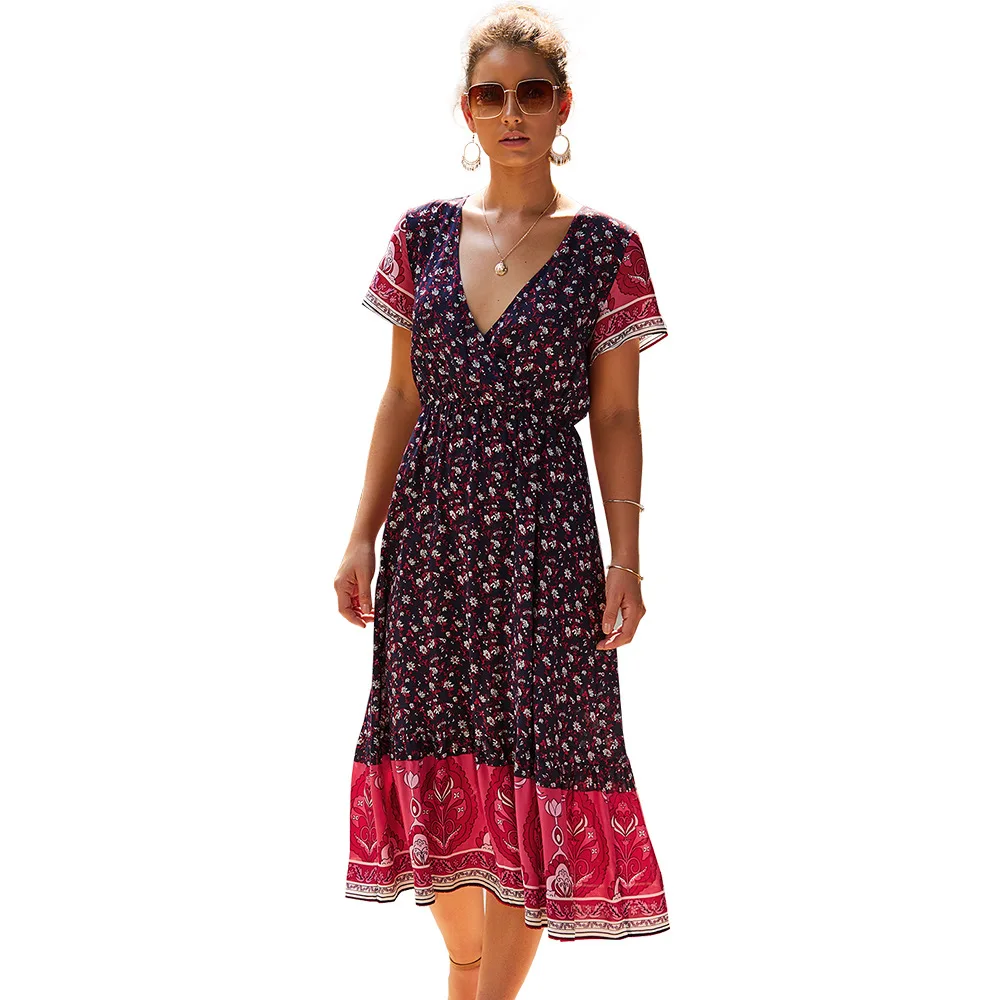 

Cotton Slim One-Piece Dress Mid-Long Style Deep V Dress Vintage Long Vestidos Party Print Floral Boho Dress