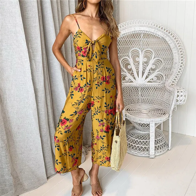 Womens V-Neck Camisole Backless Bow Floral Print Long Playsuit Ladies Jumpsuit macacao feminino combinaison R08 (6)