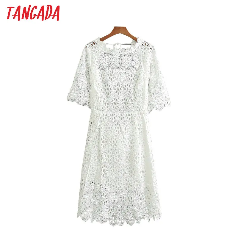

Tangada women embroidery white midi dress hollow backless half sleeve female vintage elegant dresses 1D190