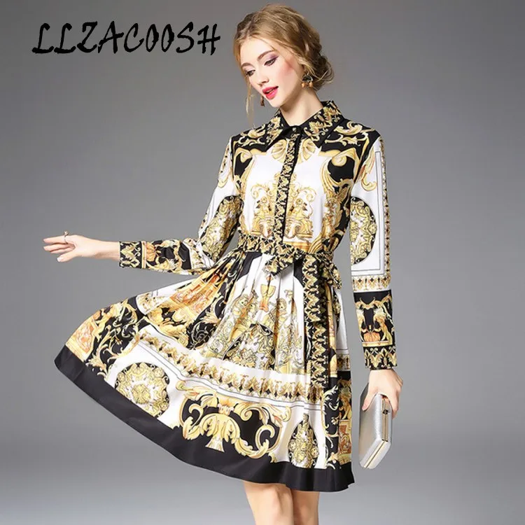 

High Quality Fashion Runway Dress 2018 Autumn Women's turn down collar Vintage Printed party Dress