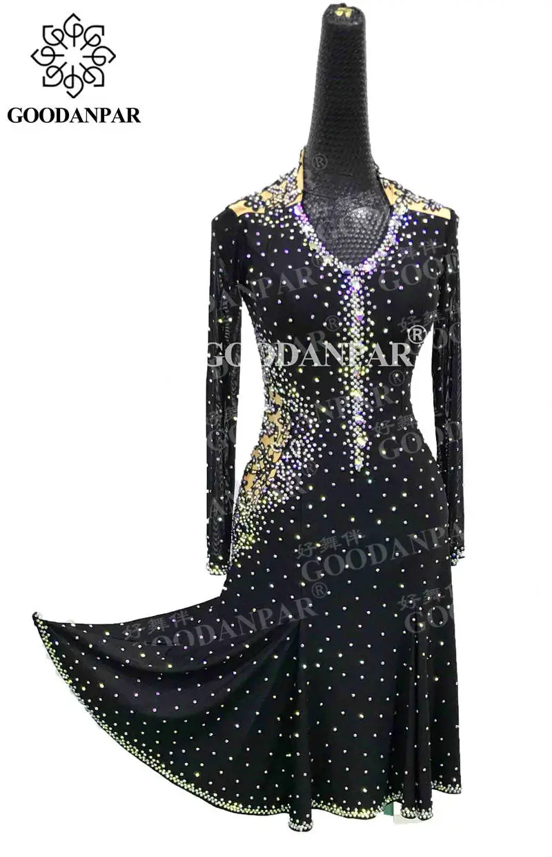 

GOODANPAR Sexy Long Sleeve Latin Dance Dress With Delicate AB Stones For Dance Competition Women Girls