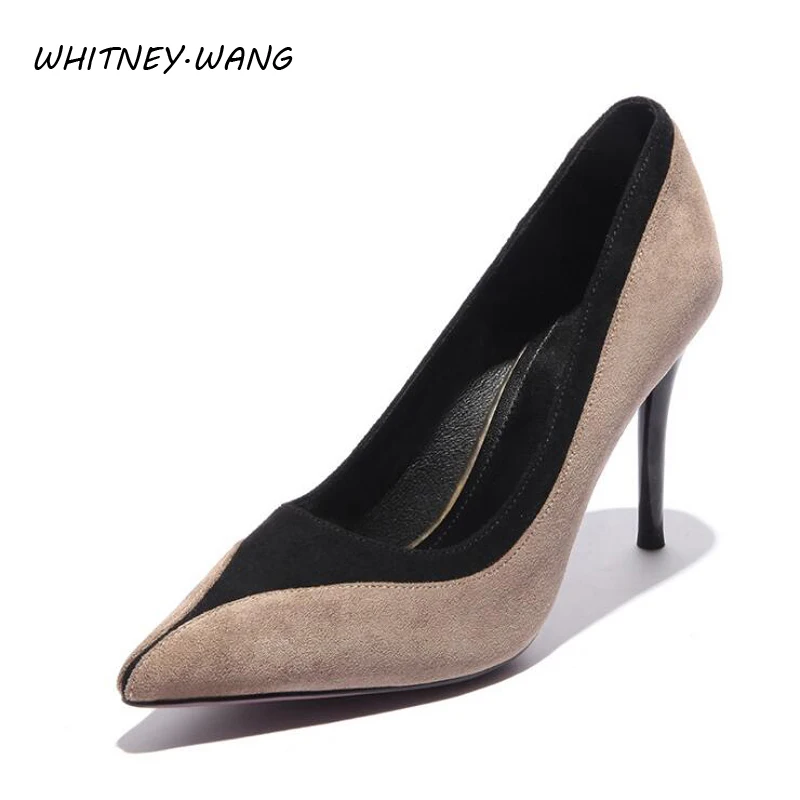 

Euro 34-39 Pumps Women Shoes Apricot red Shallow Wedding Party Thin Heels 7.5cm Slip-On Suede Pointed Toe Woman High Heels Pump
