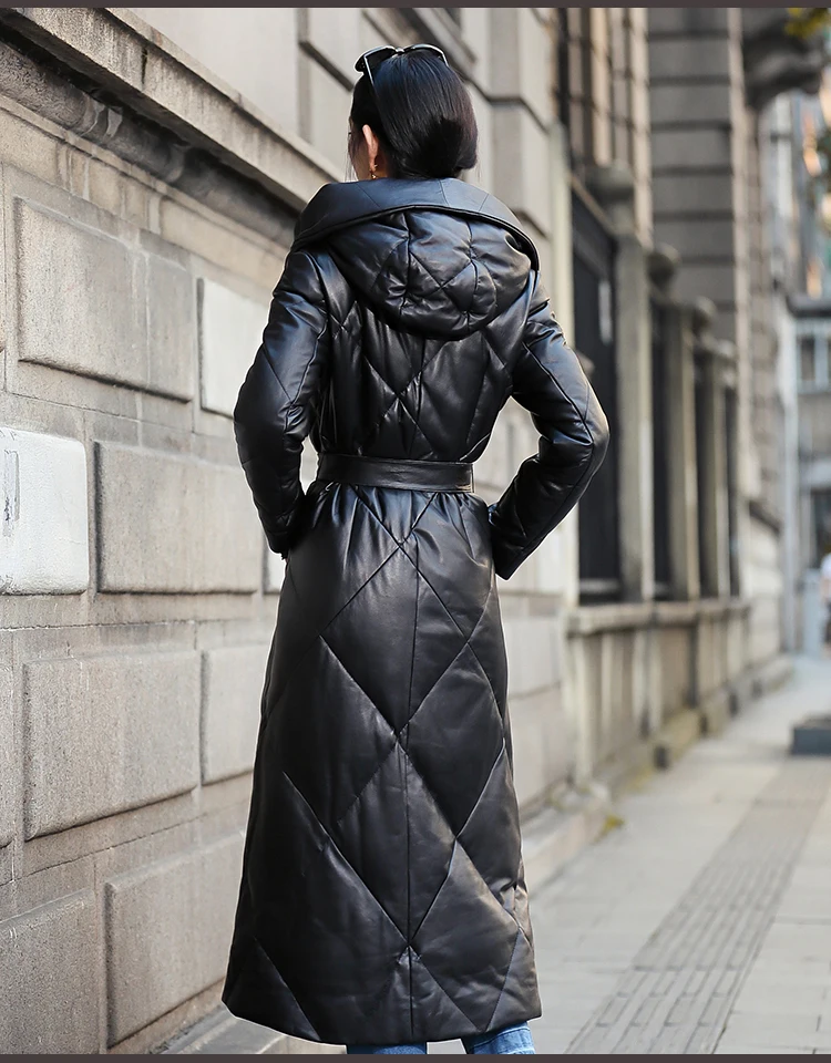 Куртка из натуральной кожи с поясом из натуральной овчины, Женская длинная приталенная зимняя куртка с капюшоном Z1139