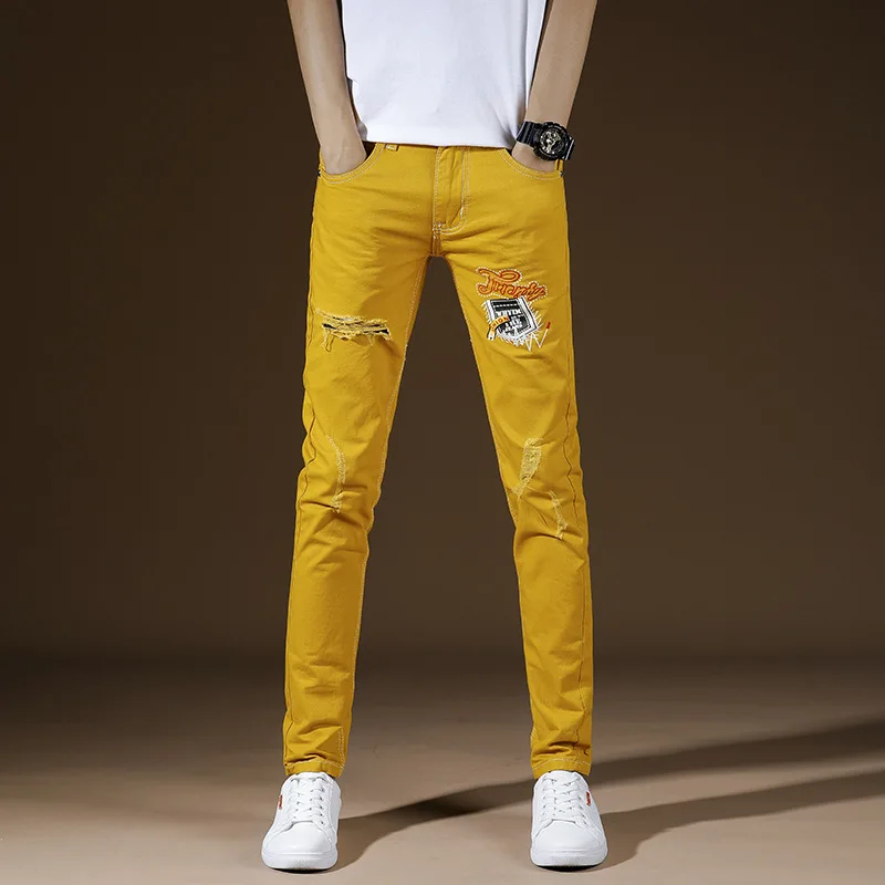 

2019 New Fashion Ripped Jeans Men Patchwork Printed Skinny Pants Man Spring Summer Yellow Demin Pants Plus Size jeans men