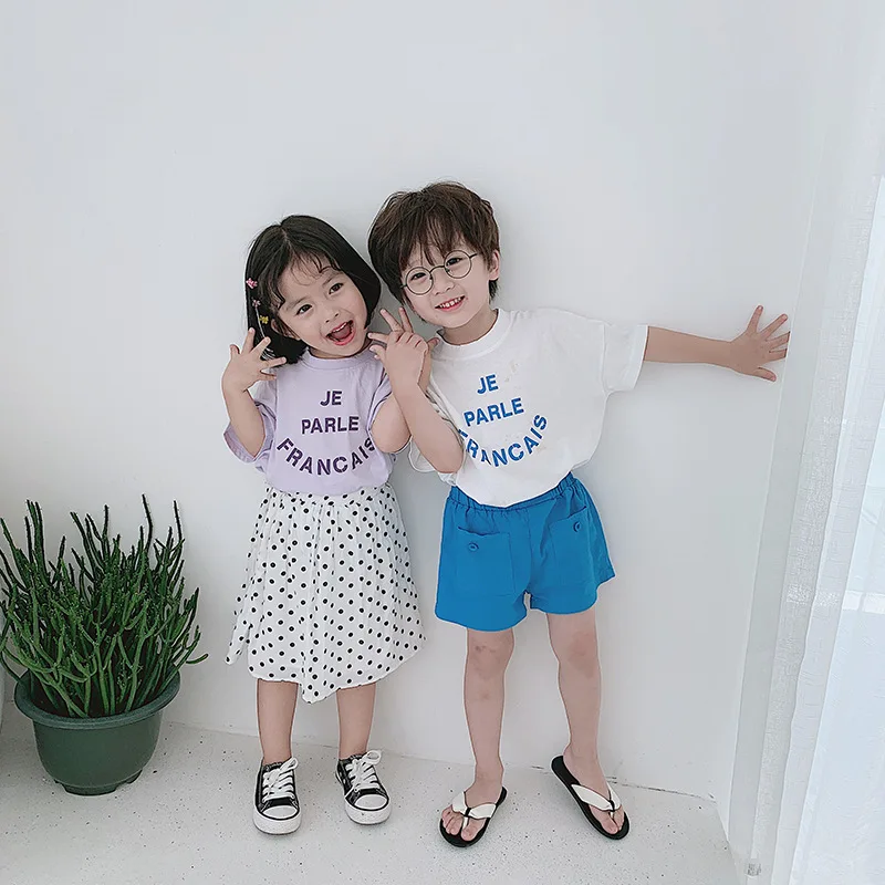 

Summer boys girls letters printing short sleeve Tees cotton loose casual T shirts kids children Tops clothes