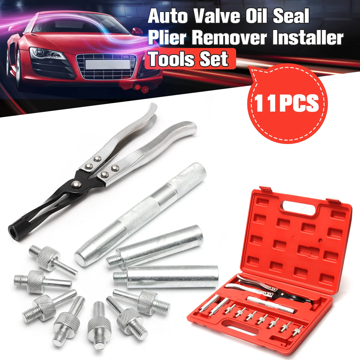 

Doersupp 11pcs Auto Vehicle Valve Oil Seal Plier Remover Installer Tool Set Clamp+Long Driver Handle+Sleeve+Joints+Red Box