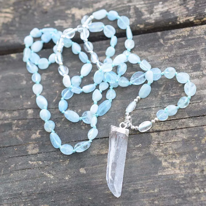 

Natural Quartz Pendant Aquamarines Stone Nuggets Beads Knot Handmade Necklace