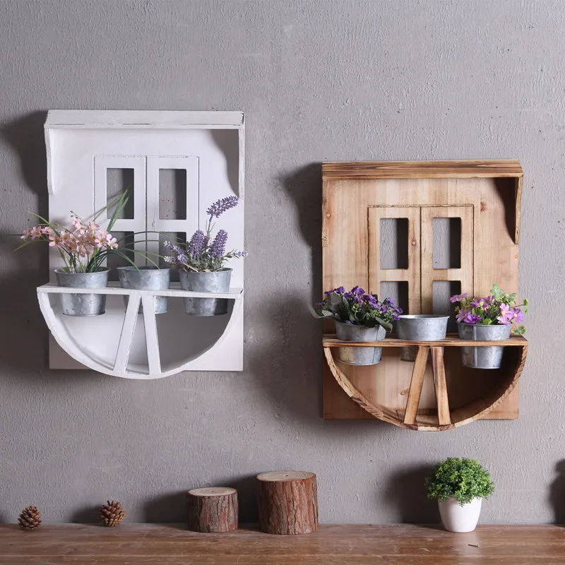 

Rustic Vintage Wooden Wall Hanging Flower Stand Creative Iron Crafts Grocery Storage Home Balcony Gardening Shop Wall Decoration