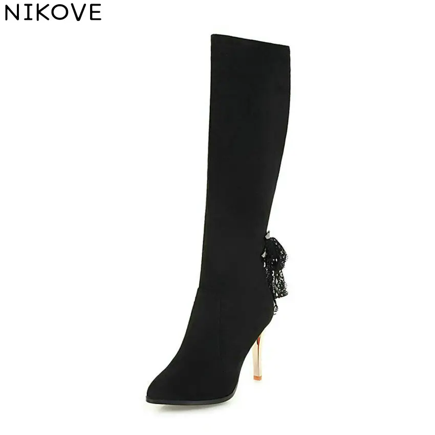 

NIKOVE 2019 Women Winter Boots High Heels Autumn Shoes Flock Mid-calf Boots Pointed Toe Zipper Basic Woman Boots Size 34-42