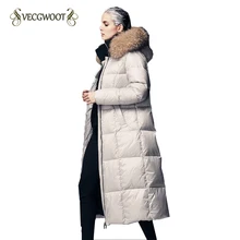 Длинная утепленная куртка до колена с капюшоном, роскошный меховой воротник, пуховик, Зимняя женская куртка большого размера, тонкий белый пуховик на утином пуху, пальто, WY458