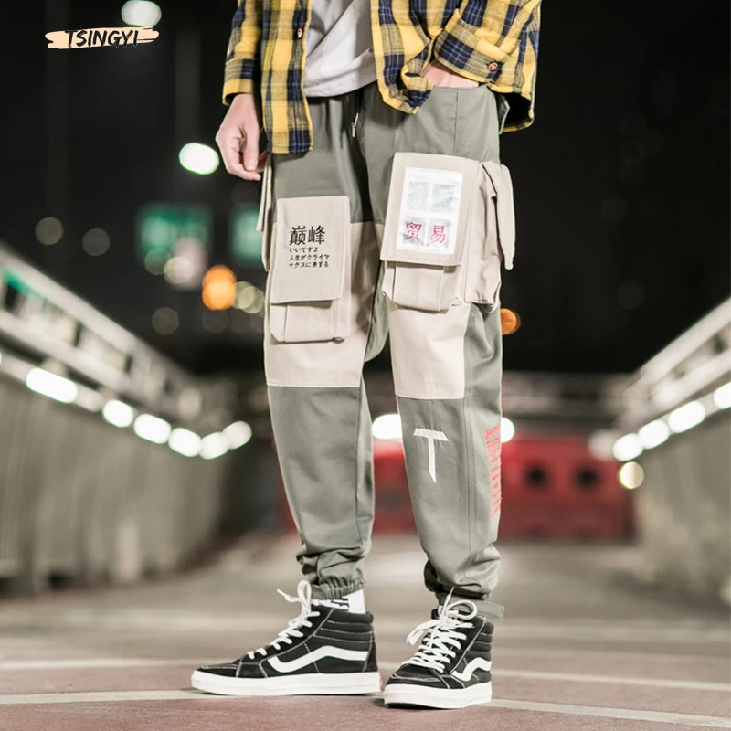 

Tsingyi Pockets Cargo Pants Men Letter Embroidery Hip Hop Harem Joggers Color Patchwork Track Trousers Man Skateboard Streetwear