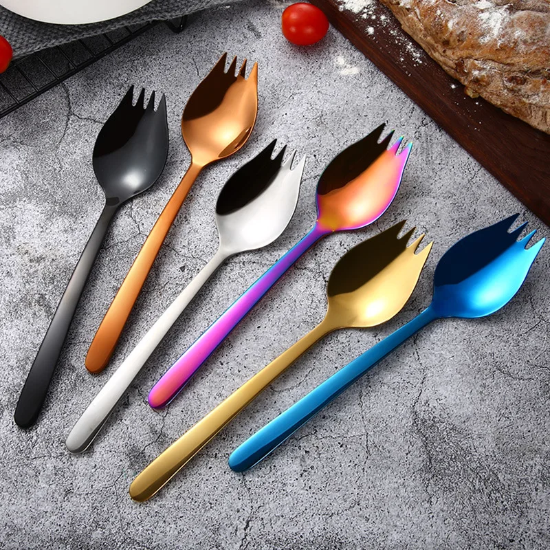 

1Pcs Multi-function Spork 304 Stainless Steel Salad Spoon Fork Long Handle Picnic Fruit Forks Used For Noodles Dinnerware