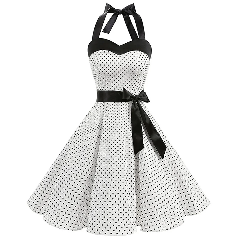 Kostlich Summer Dot Dress Sexy Halter Backless Women Vintage Dress Swing Elegant Party Dresses Plus Size Sashes With Bow Tie (12)