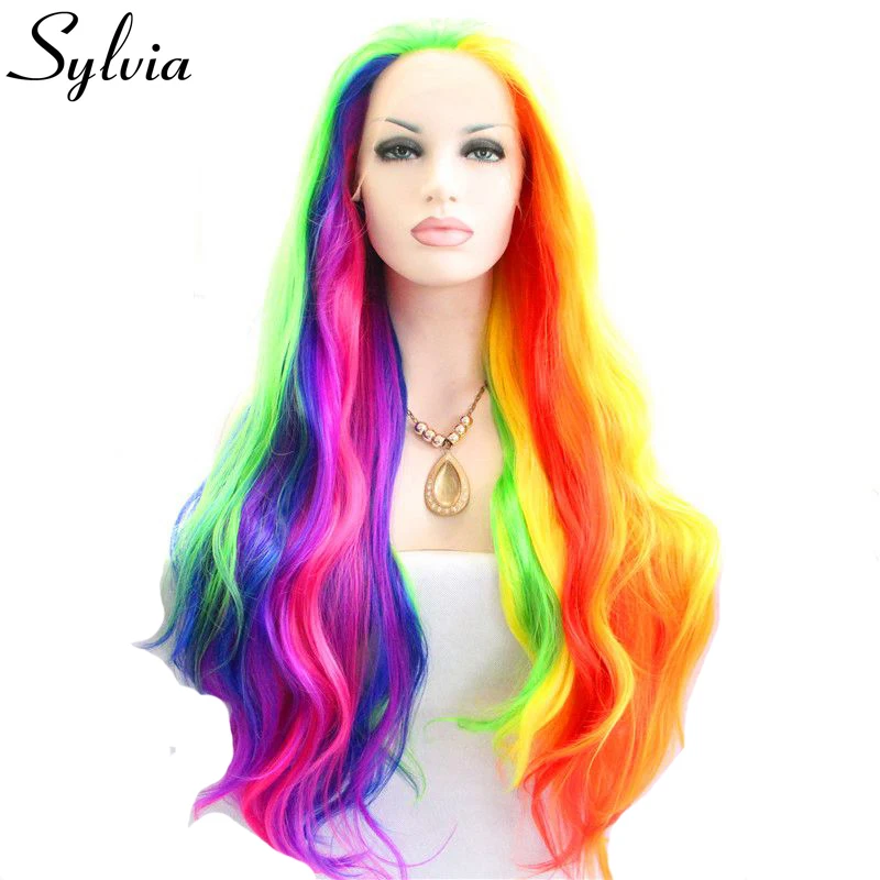 Sylvia Смешанный Красочный объемная волна синтетические кружева перед парики зеленый/синий/розовый/фиолетовый/красный/желтый/ Orange