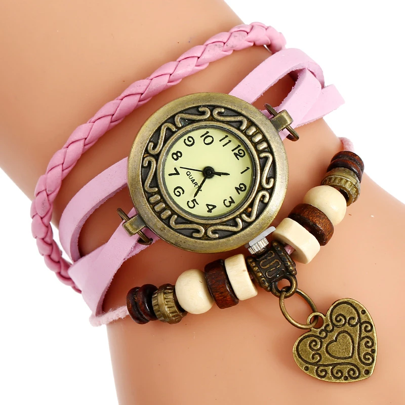 Gnova Platinum Genuine Leather Women Watch Bronze Vintage Heart Charm Bracelet Quartz Wristwatch Ethnic School Girl Student A940 Student Student Schoolstudent Watch Aliexpress