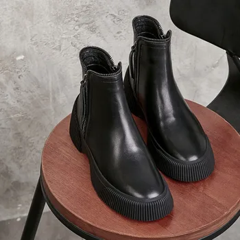 

GPOKHDS 2019 women ankle boots cow leather winter short plush zippers apricot color round toe high heels boots