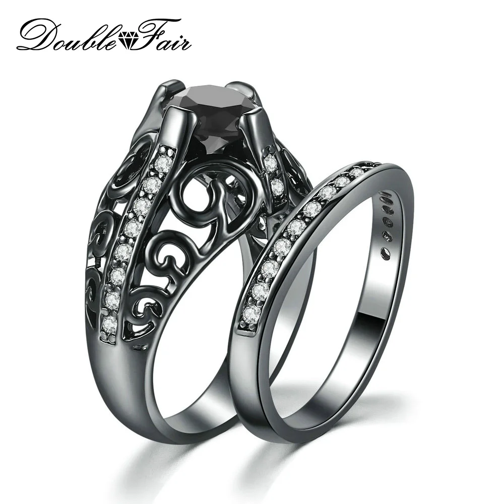 Double Fair Punk Style Couple Rings For Men / Women Black Gold Color Ring Set Black Nano Stone Women's Jewelry DFYG054