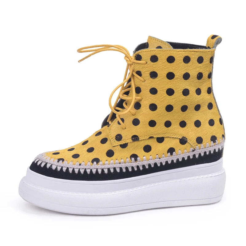 

Women's Ankle Platform Boots White Leather 5 CM Thick Soles Spotted Boots Fashion Lace-up Winter Shoes Box Packing 1148